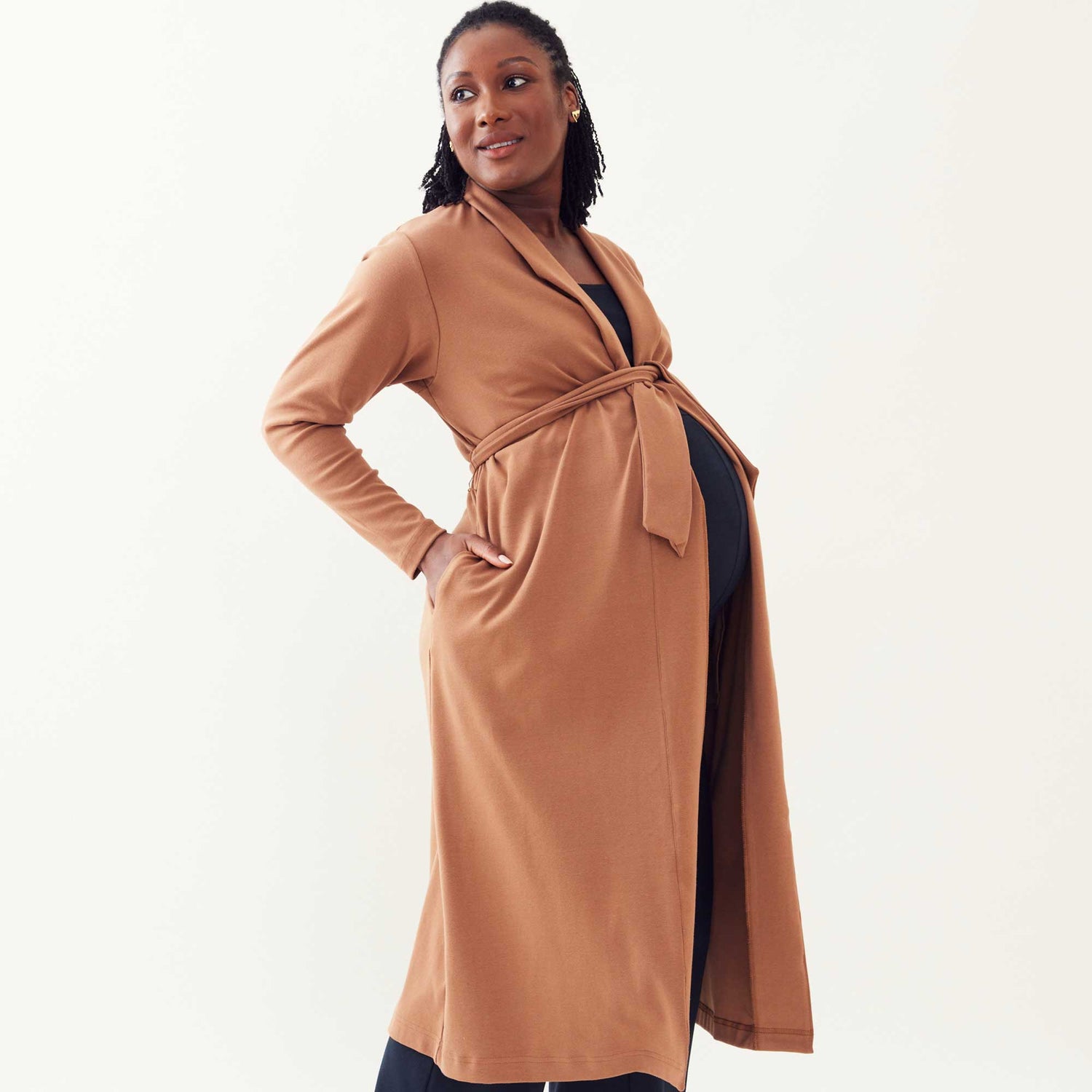 M Street Maternity model wearing the Zahra Extra Long Over Belly Duster Cardigan