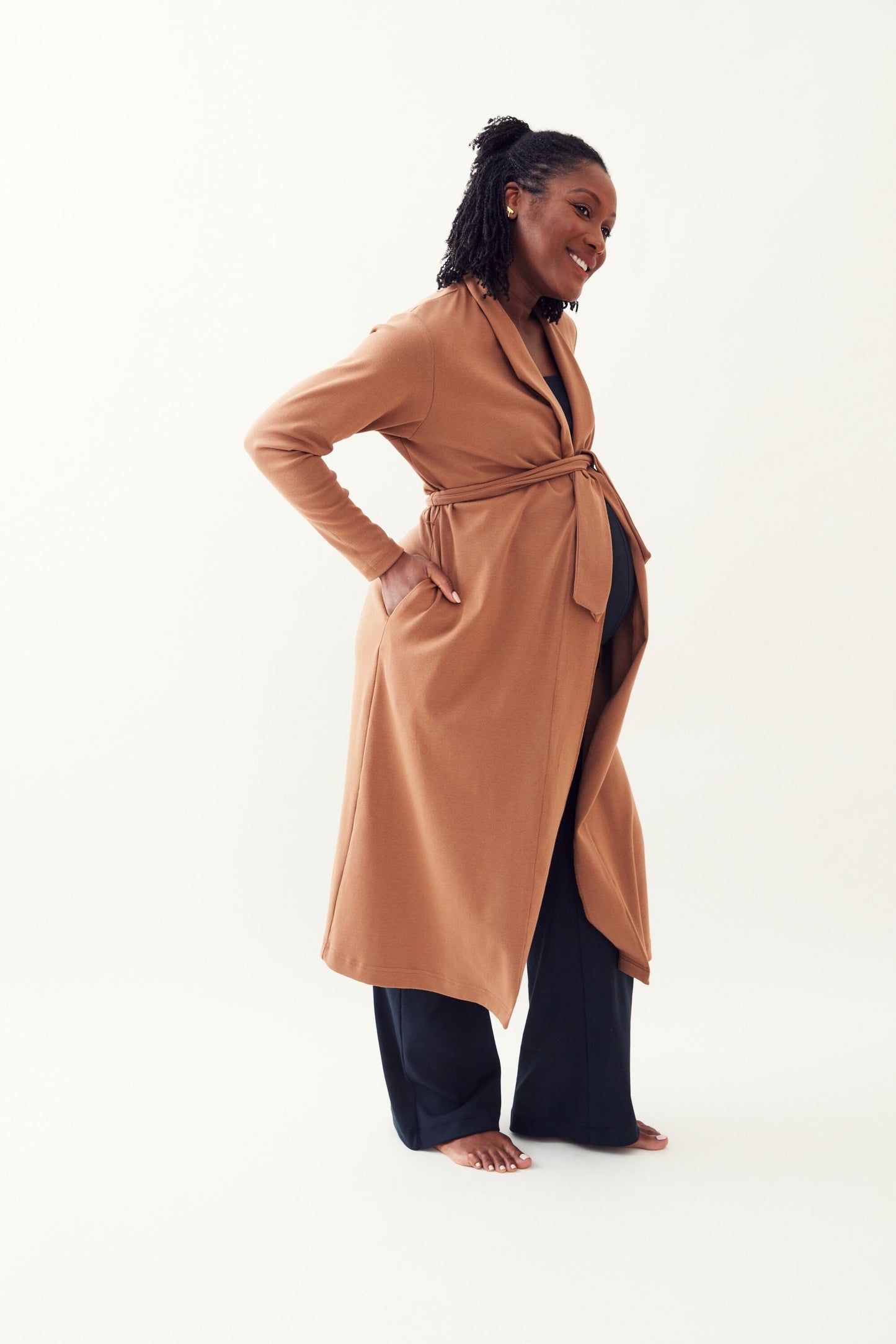 M Street model wearing the Zahra Over Belly Duster Cardigan in mocha