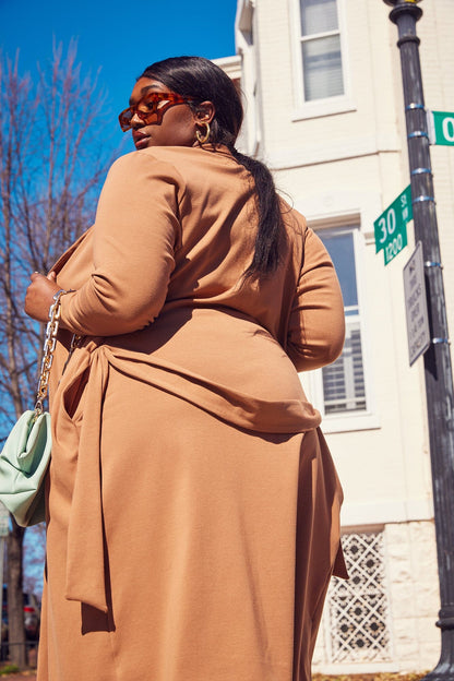M Street model wearing the mocha Zahra Over Belly Duster Cardigan